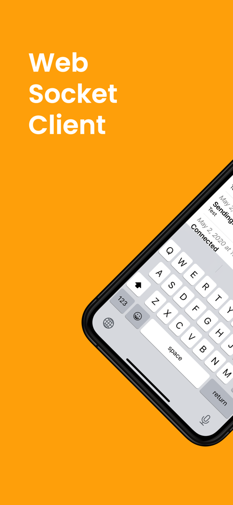 Interfaz de la aplicación Cliente WebSocket WSS en un iPhone que muestra un registro de sesión de conexión.