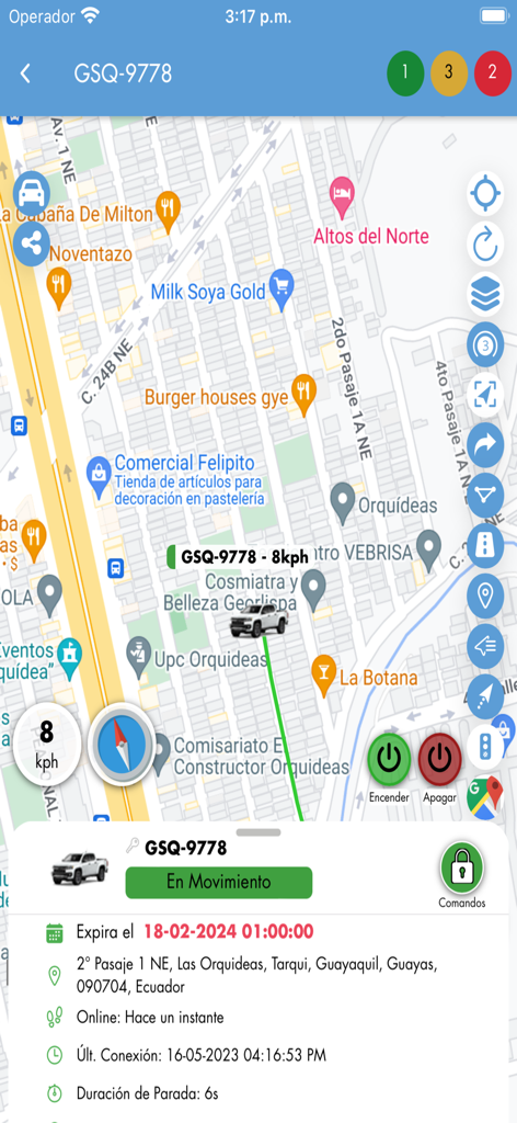 Global System Gps v3 - Real-time map tracking interface of the Global System Gps v3 app showing a vehicle moving at 8 kilometers per hour on a city map.