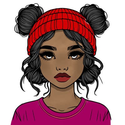 realistic girl with buns in her hair with a beanie on