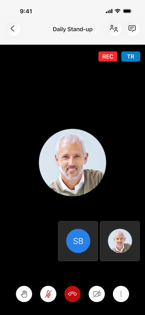 Interface móvel de uma reunião de vídeo HCL Sametime intitulada Daily Stand-up