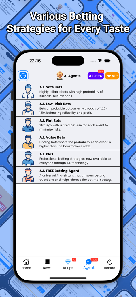 AI Betting Tips - AI Betting Tips mobile app screen displaying various AI agents and betting strategies for soccer.