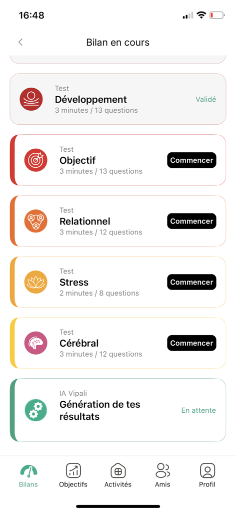 Vipali - Interface of the Vipali app showing a list of health assessment tests for stress cerebral and objective tracking