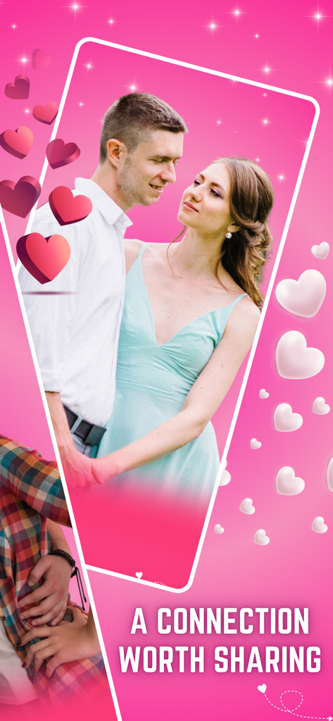 MeetChat iHappy - A happy couple smiling at each other on a pink background with hearts and the text A CONNECTION WORTH SHARING.