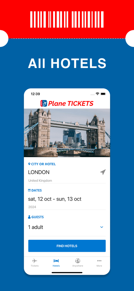 Plane & Airline Tickets - Hotel search screen in the travel app featuring a London destination and booking options
