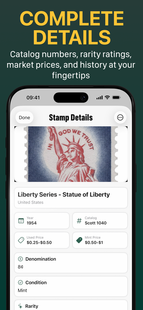 StampLens AI - Scan & Collect - A smartphone screen displaying valuation and catalog details for a vintage US Liberty Series stamp