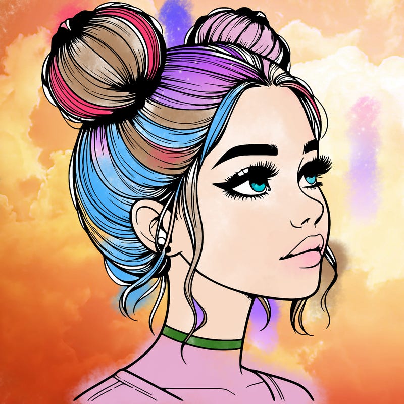 realistic girl with buns on the top of her head