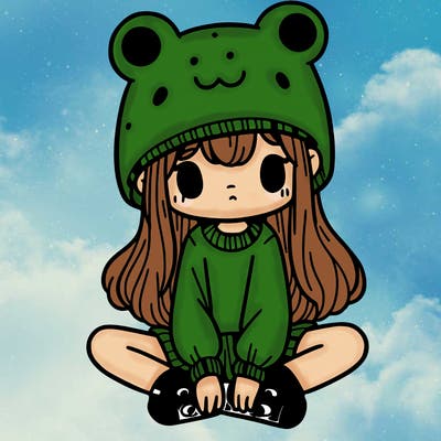 a girl wearing a frog hat and some frog socks