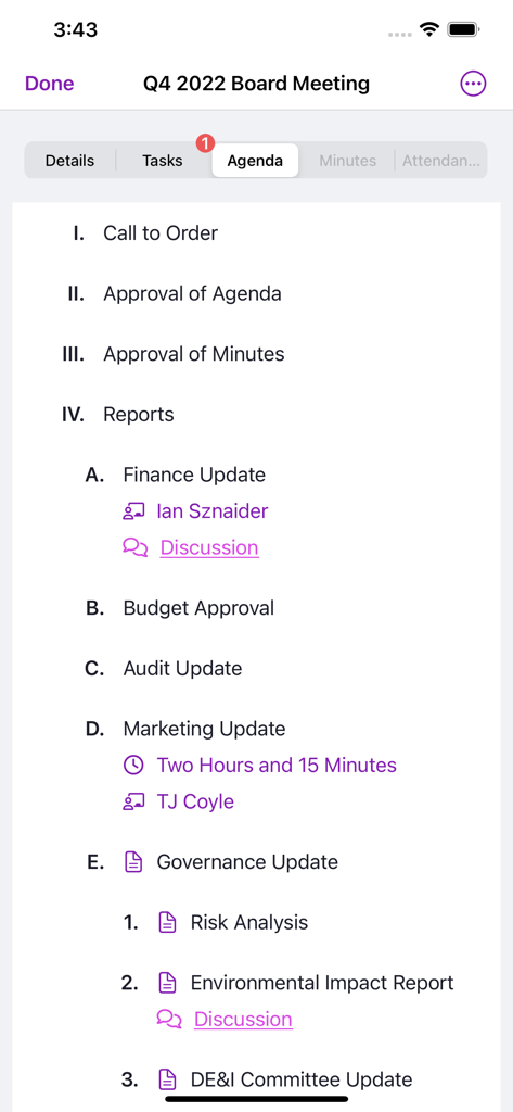 Interface do aplicativo móvel Govenda mostrando uma agenda detalhada de reunião do conselho com seções para atualizações financeiras, de marketing e de governança.