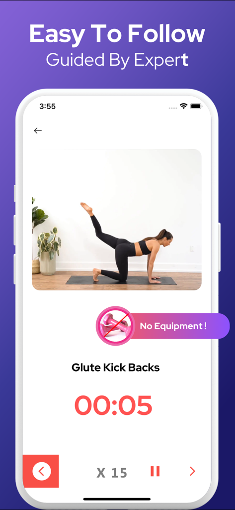 Pilates Workout at Home - A woman performing a glute kickback exercise in a home Pilates app highlighting no equipment required