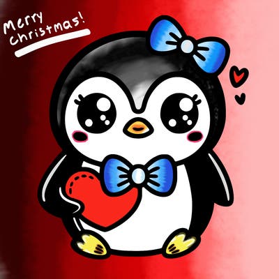 cute penguin with bow tie holding heart
