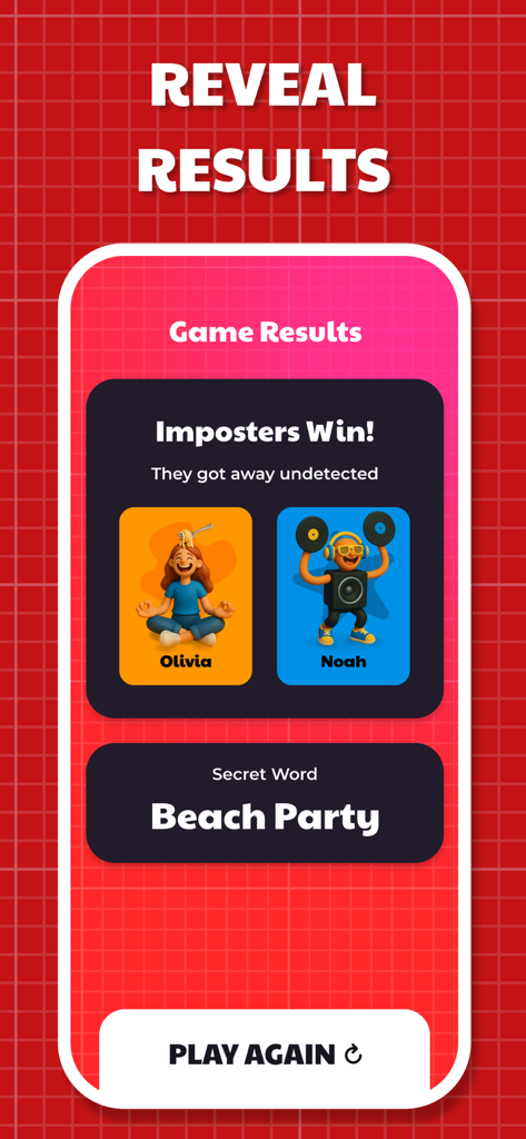 Game results screen of the Fakeit app showing the winning imposters and the secret word