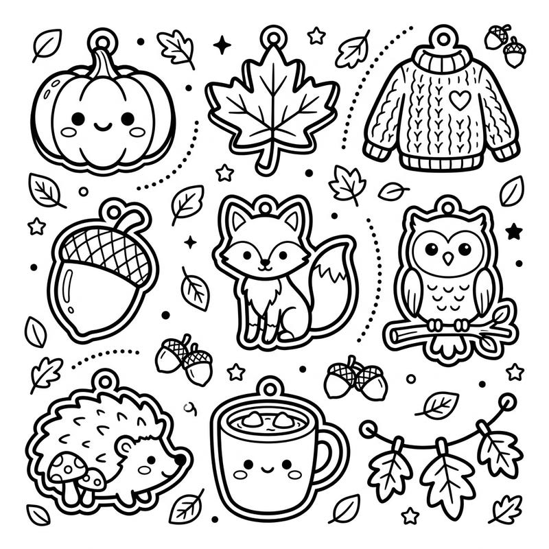 Immerse yourself in the cuteness of autumn with this delightful Kawaii charms coloring page. Discover an array of adorable seasonal icons, each ready for your personal artistic touch.