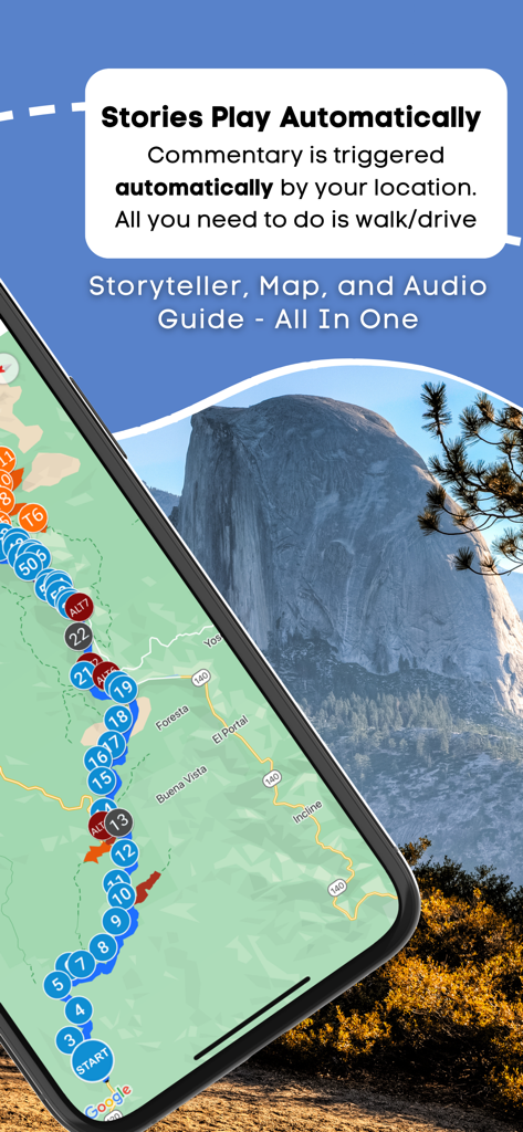 Yosemite National Park Tour - Smartphone screen showing Yosemite National Park map with numbered waypoints and automatic audio commentary features