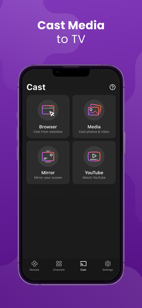 Uma interface móvel de um aplicativo de controle remoto universal de TV mostrando opções para transmitir a tela do navegador e YouTube para uma Smart TV