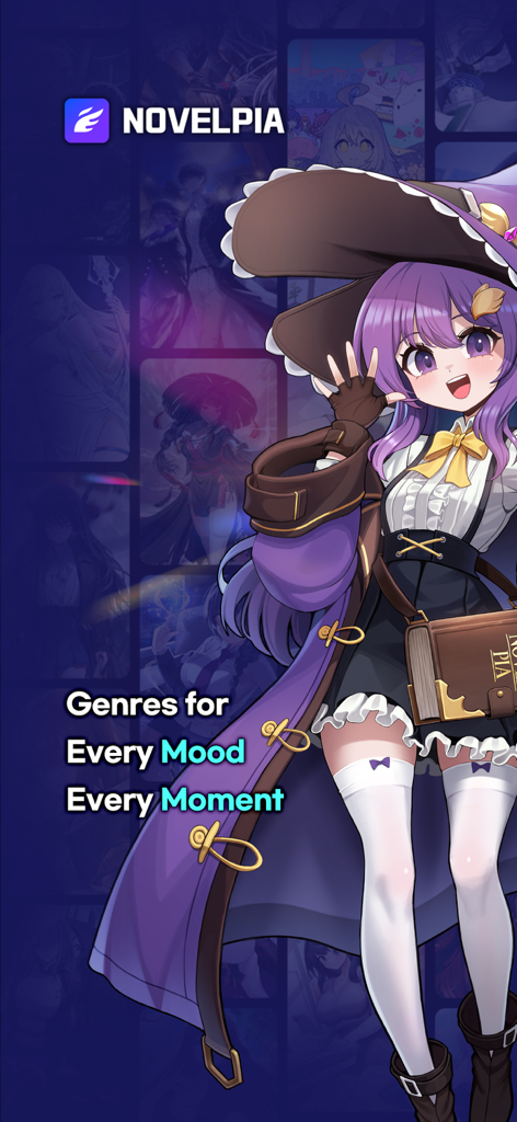 Uma personagem de anime em um traje de mago promovendo diferentes gêneros de webnovel no aplicativo Novelpia.