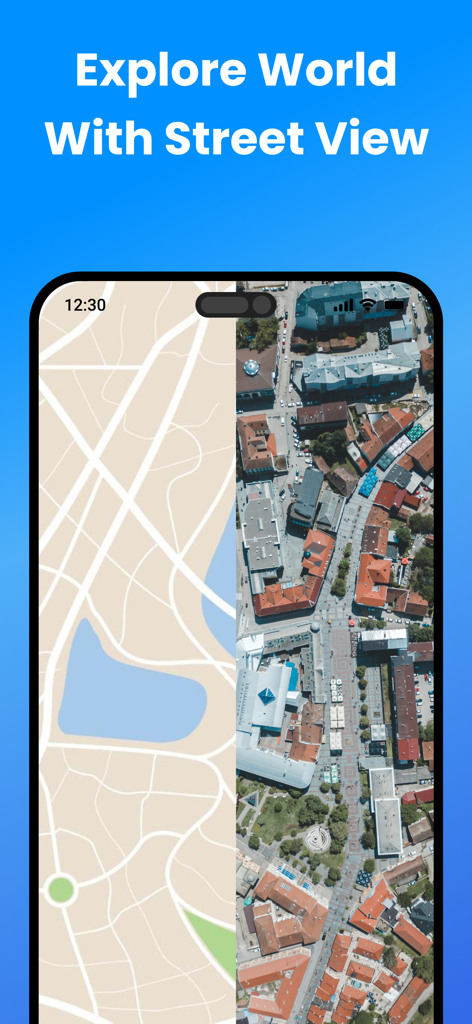 A split screen view showing a standard digital map alongside a satellite aerial view of a city in the Find My Phone app