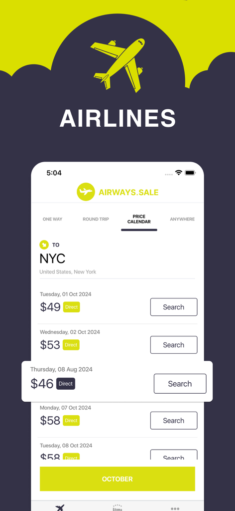Airways Sale mobile app displaying a flight price calendar for trips to New York