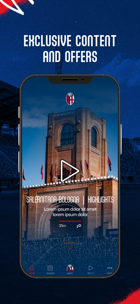 Exclusive match highlights and video content on the official Bologna Fc 1909 mobile app