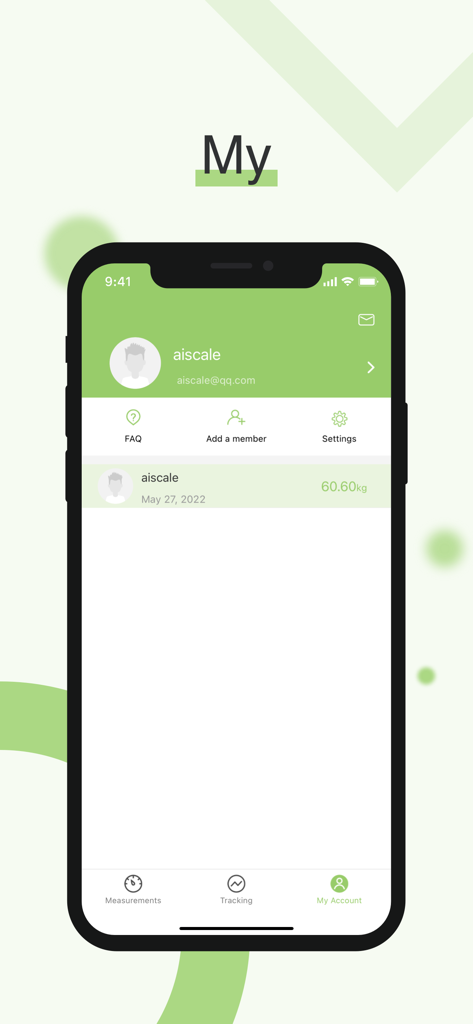 AI Scale - AI Scale app user account page showing profile details and recent body weight measurement record