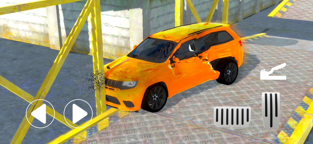 Car Crash - Stunt Parkour - Orange SUV crashing into a yellow metal obstacle in Car Crash Stunt Parkour gameplay