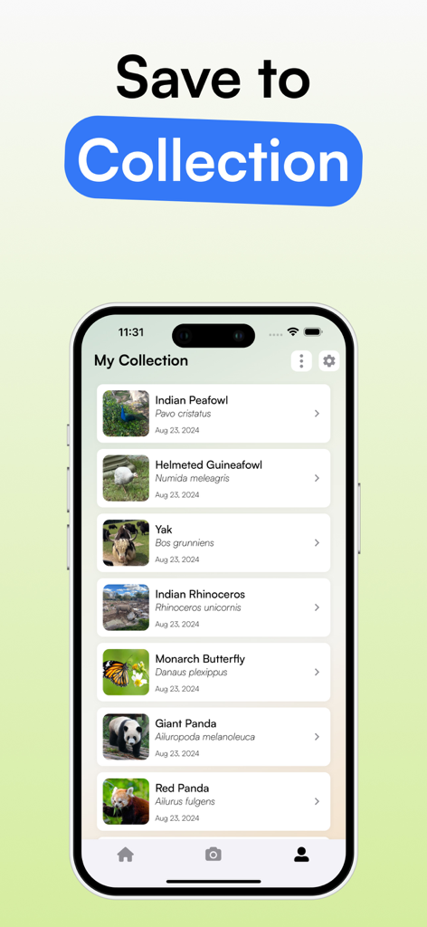 Animal Identifier - iSpecies - Uma lista de animais identificados no recurso de coleção do aplicativo iSpecies, incluindo nomes comuns e científicos.