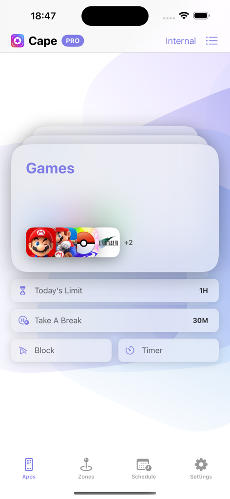 Interface of the Cape app showing daily screen time limits and break reminders for mobile games