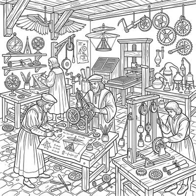 Delve into the fascinating world of Renaissance innovation with this intricate coloring page. Discover brilliant minds at work, surrounded by gears, blueprints, and groundbreaking inventions waiting for your artistic touch.