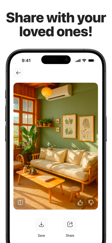 AI Home Design - Renovo - Smartphone screen showing an AI-generated living room design with options to save and share.