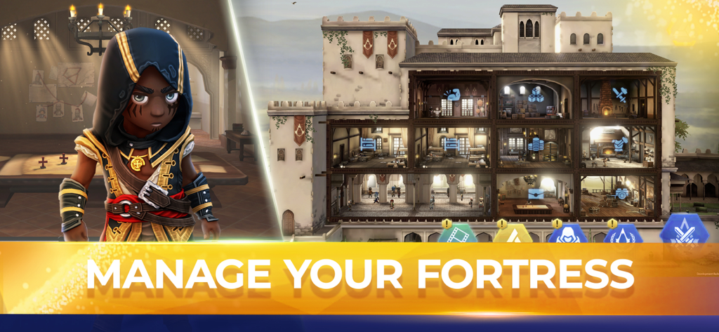 Assassin's Creed Rebellion gameplay showing the fortress management view and a character