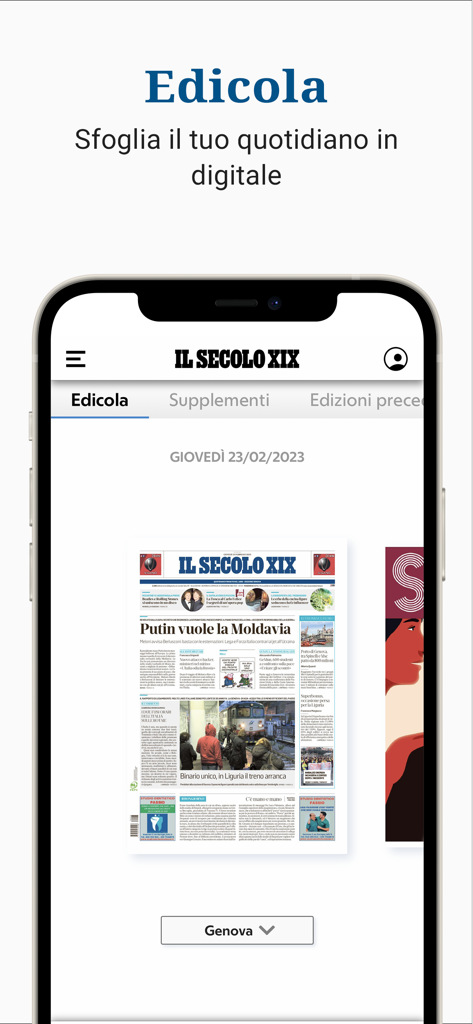 Smartphone screen displaying the digital edition of Il Secolo XIX newspaper