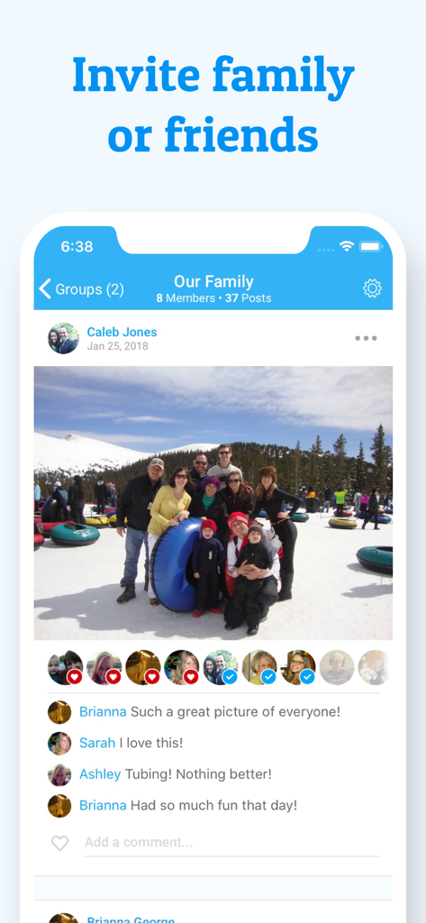 Cluster app interface showing a private family group with a shared photo and member comments