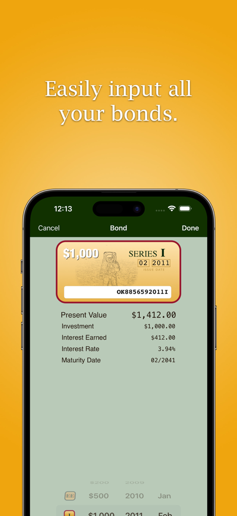 Smartphone screen displaying Series I savings bond details including present value and interest earned