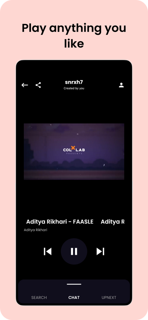 A mobile interface for the Groic music app showing a playback screen with song details and music controls.