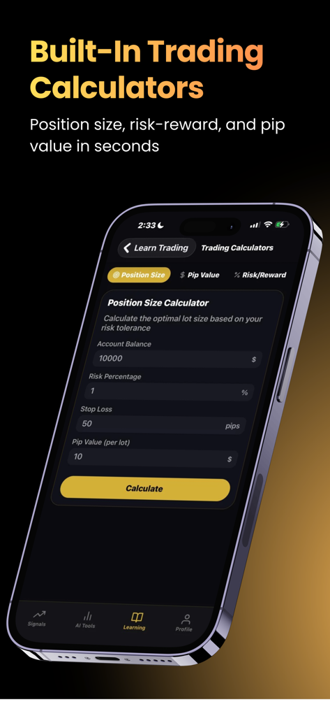 SignalPro app screenshot featuring a built-in position size calculator for forex trading risk management