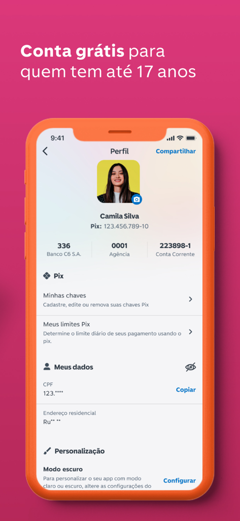 C6 Yellow - Profile screen of the C6 Yellow app displaying account details and Pix payment settings for a teen user.