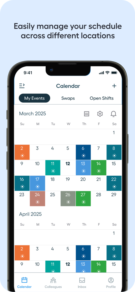NurseGrid Nurse Shift Calendar - NurseGrid app interface showing a monthly shift calendar with color coded work schedules across different locations