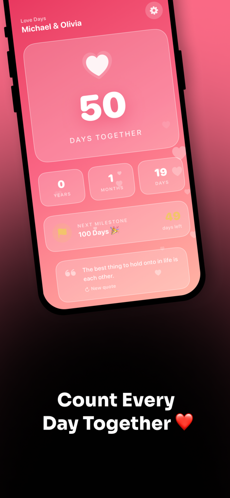 Love Days Counter – Tracker - A pink interface of the Love Days Counter app displaying 50 days together for Michael and Olivia with a next milestone countdown