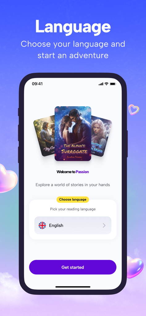 MyPassion: Read, Listen Novels - Language selection screen for MyPassion romance novel app showing book covers and language settings