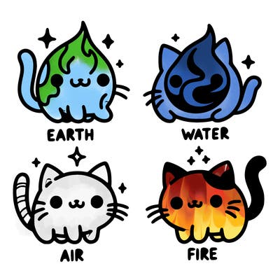 4 cats that represent the different elements, earth, water, air, and fire