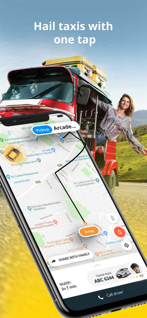 PickMe Sri Lanka - A smartphone showing the PickMe app interface with a ride request map and a red tuk tuk in the background