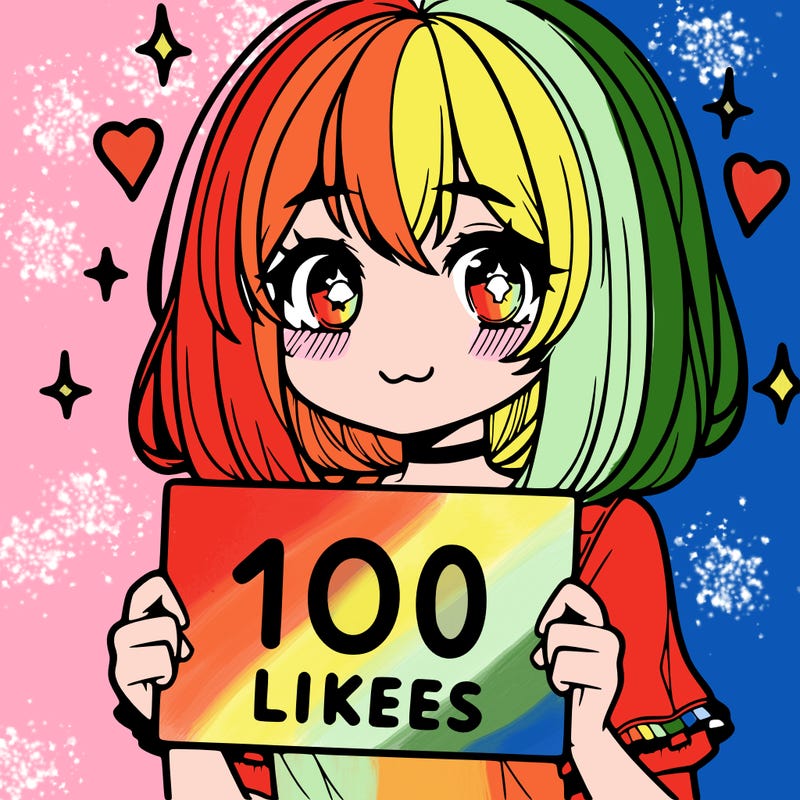 anima girl holding a 100 likes sign in her hand