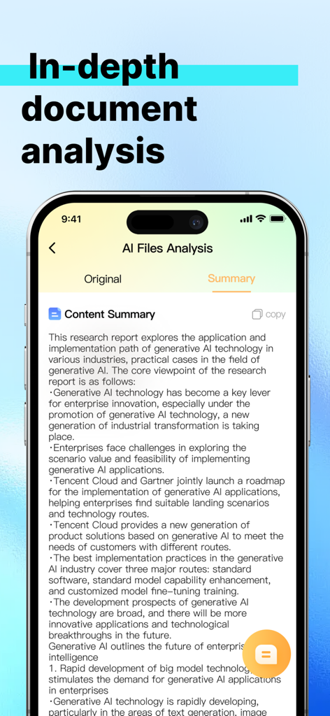 GenieX - AI Chat - Interface do aplicativo GenieX mostrando análise aprofundada de documentos de IA e resumo de conteúdo.