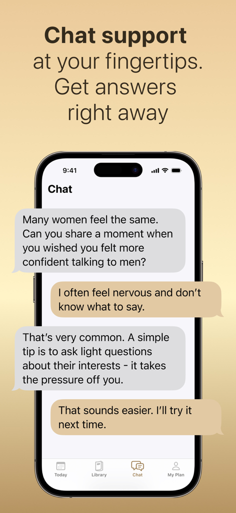 MusesAcademy: Daily Growth - MusesAcademy app chat screen showing a conversation with advice on building social confidence.