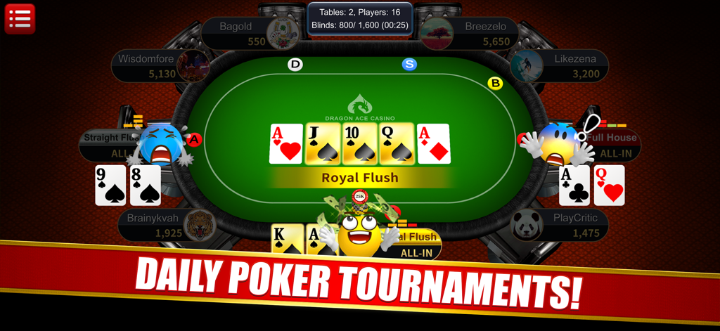 Dragon Ace Casino - Poker - A winning Royal Flush hand on a Texas Holdem poker table during a daily tournament