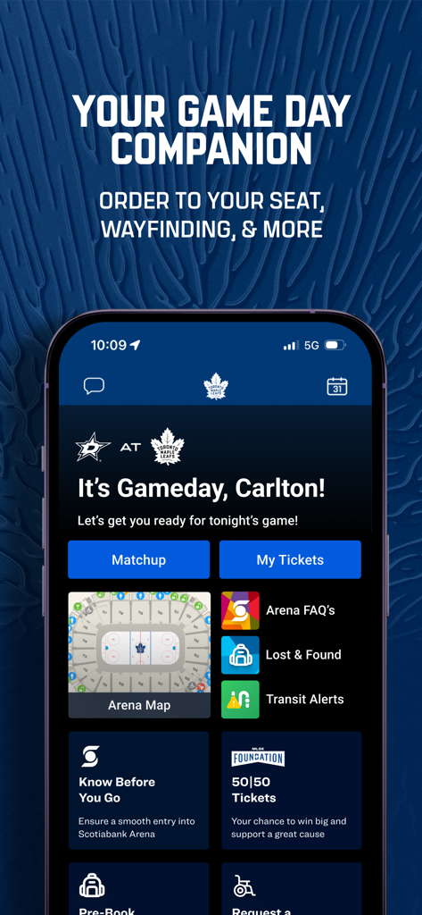 Toronto Maple Leafs app gameday companion interface with arena maps and ticket access