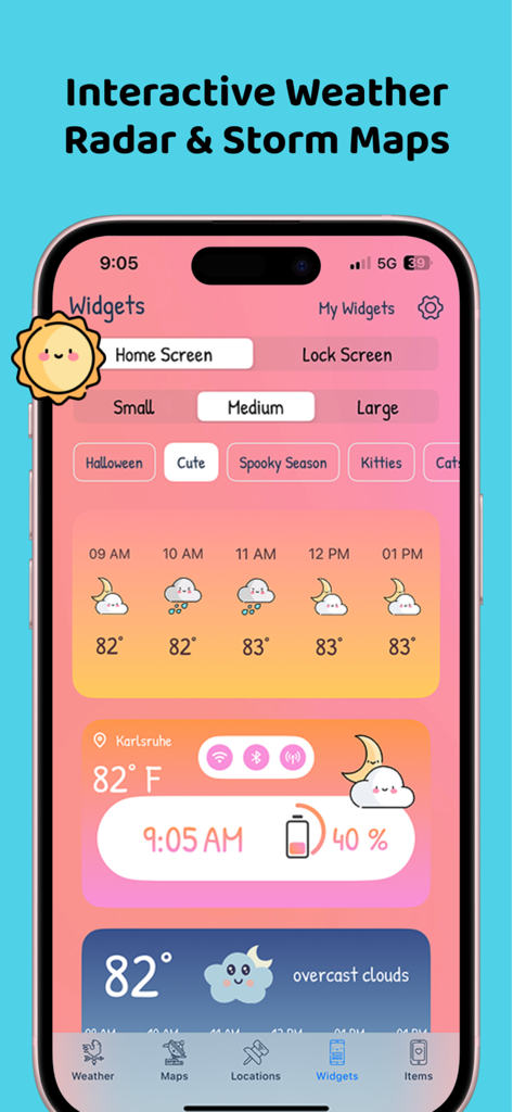 Screenshot of the CuteWeather app showing various kawaii-style weather widget customization options for the iOS home screen.