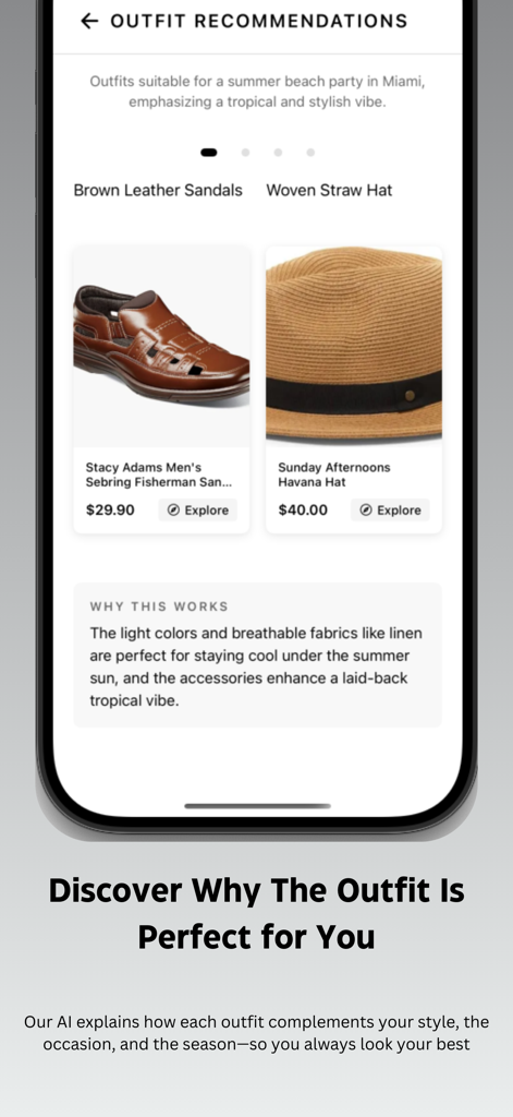 Ufit.AI - Tela do aplicativo Ufit.AI exibindo sugestões de looks personalizados e conselhos de estilo para um evento de verão