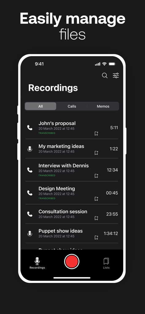 TapeACall app screen displaying a list of organized call recordings and voice memos with transcription status