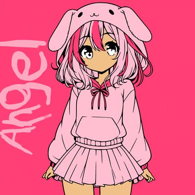 pretty anime girl wearing a fluffy hoodie with bunny ears on the hood and a skirt