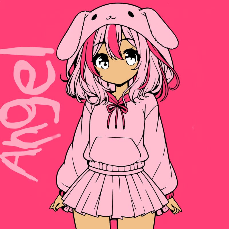 pretty anime girl wearing a fluffy hoodie with bunny ears on the hood and a skirt